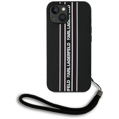 Custodia per Apple iPhone 15, Karl Lagerfeld, Saffiano Athleisure Stripes con Cinturino, Rosa