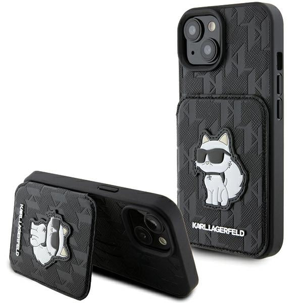 Custodia per Apple iPhone 15, Karl Lagerfeld, Saffiano Cardslots and Stand Monogram Choupette, Nera