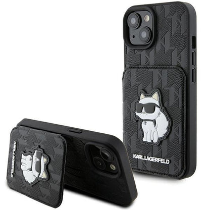 Custodia per Apple iPhone 15, Karl Lagerfeld, Saffiano Cardslots and Stand Monogram Choupette, Nera