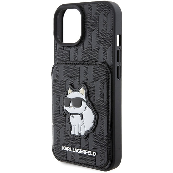Custodia per Apple iPhone 15, Karl Lagerfeld, Saffiano Cardslots and Stand Monogram Choupette, Nera