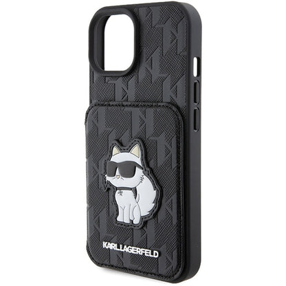 Custodia per Apple iPhone 15, Karl Lagerfeld, Saffiano Cardslots and Stand Monogram Choupette, Nera