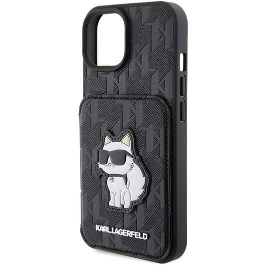 Custodia per Apple iPhone 15, Karl Lagerfeld, Saffiano Cardslots and Stand Monogram Choupette, Nera