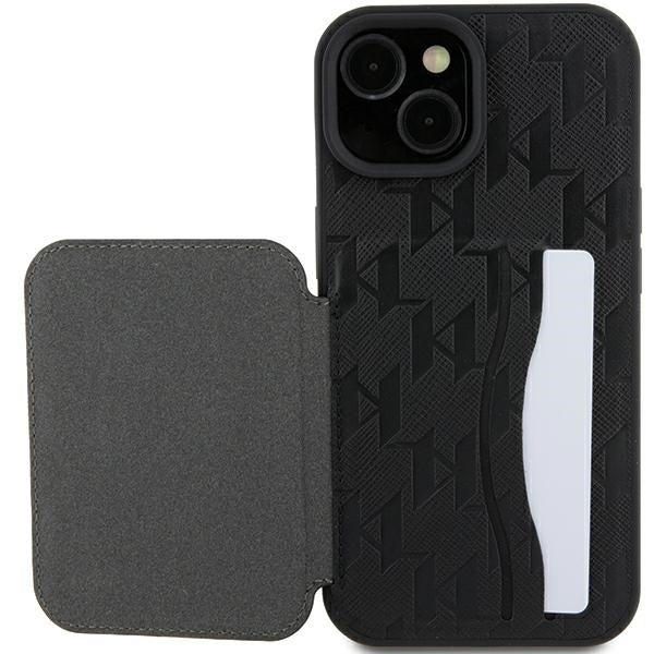 Custodia per Apple iPhone 15, Karl Lagerfeld, Saffiano Cardslots and Stand Monogram Choupette, Nera