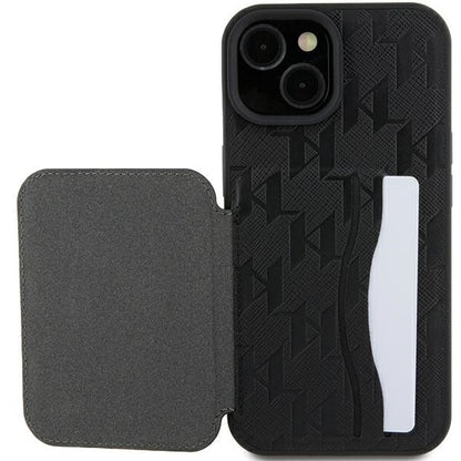 Custodia per Apple iPhone 15, Karl Lagerfeld, Saffiano Cardslots and Stand Monogram Choupette, Nera