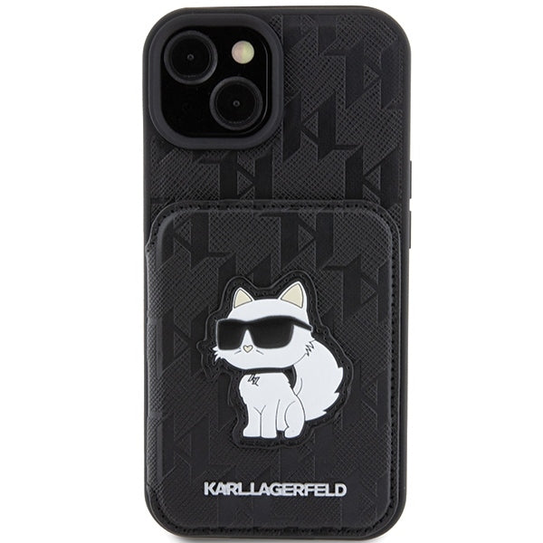Custodia per Apple iPhone 15, Karl Lagerfeld, Saffiano Cardslots and Stand Monogram Choupette, Nera