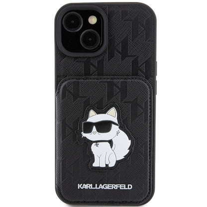 Custodia per Apple iPhone 15, Karl Lagerfeld, Saffiano Cardslots and Stand Monogram Choupette, Nera