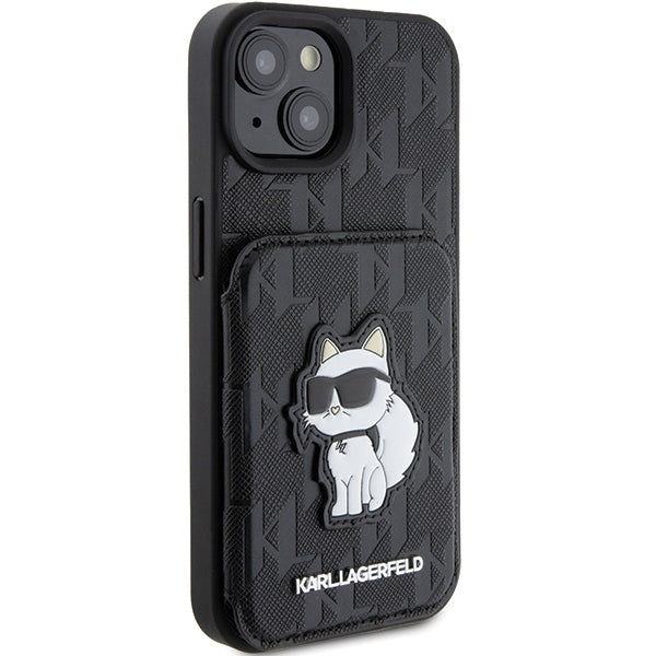 Custodia per Apple iPhone 15, Karl Lagerfeld, Saffiano Cardslots and Stand Monogram Choupette, Nera