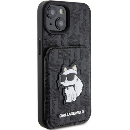 Custodia per Apple iPhone 15, Karl Lagerfeld, Saffiano Cardslots and Stand Monogram Choupette, Nera