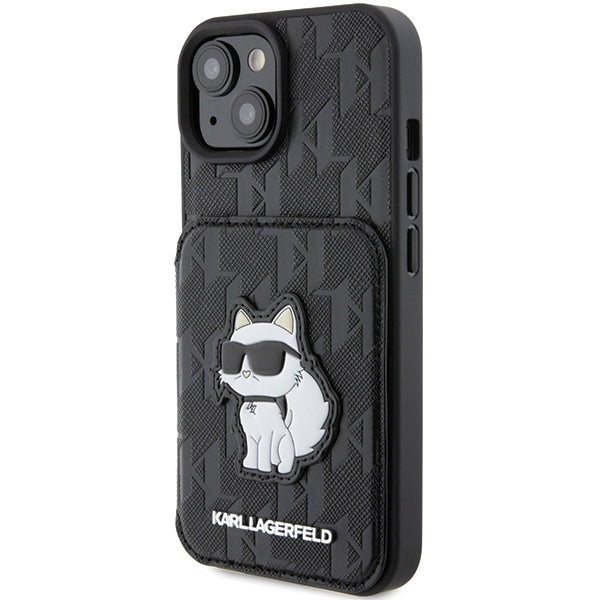 Custodia per Apple iPhone 15, Karl Lagerfeld, Saffiano Cardslots and Stand Monogram Choupette, Nera