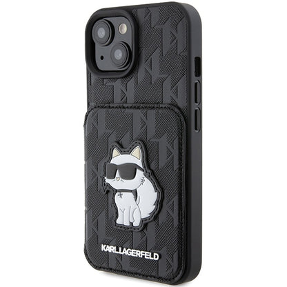 Custodia per Apple iPhone 15, Karl Lagerfeld, Saffiano Cardslots and Stand Monogram Choupette, Nera