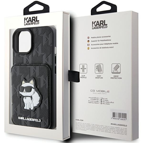 Custodia per Apple iPhone 15, Karl Lagerfeld, Saffiano Cardslots and Stand Monogram Choupette, Nera