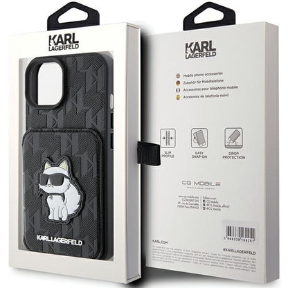 Custodia per Apple iPhone 15, Karl Lagerfeld, Saffiano Cardslots and Stand Monogram Choupette, Nera