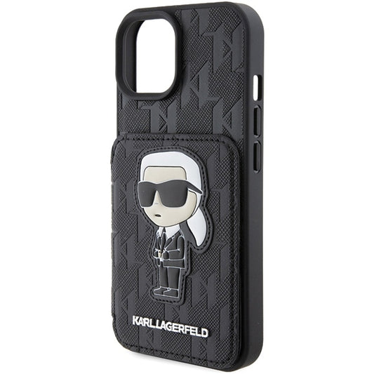 Custodia per Apple iPhone 15, Karl Lagerfeld, Saffiano Cardslots and Stand Monogram Ikonik Karl, Nera