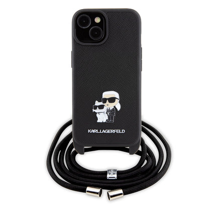 Custodia per Apple iPhone 15, Karl Lagerfeld, Saffiano Crossbody Metal Pin Karl & Choupette, Nera