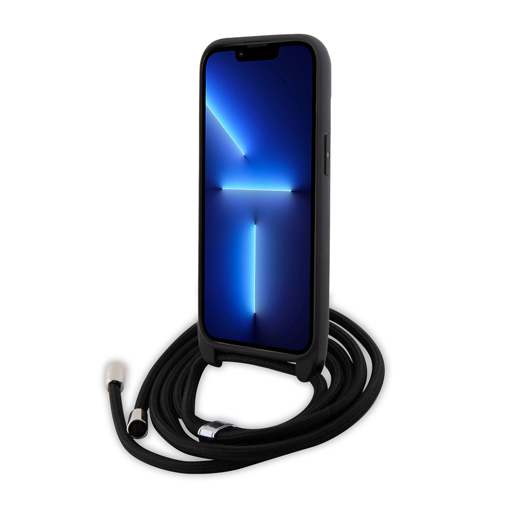 Custodia per Apple iPhone 15, Karl Lagerfeld, Saffiano Crossbody Metal Pin Karl & Choupette, Nera