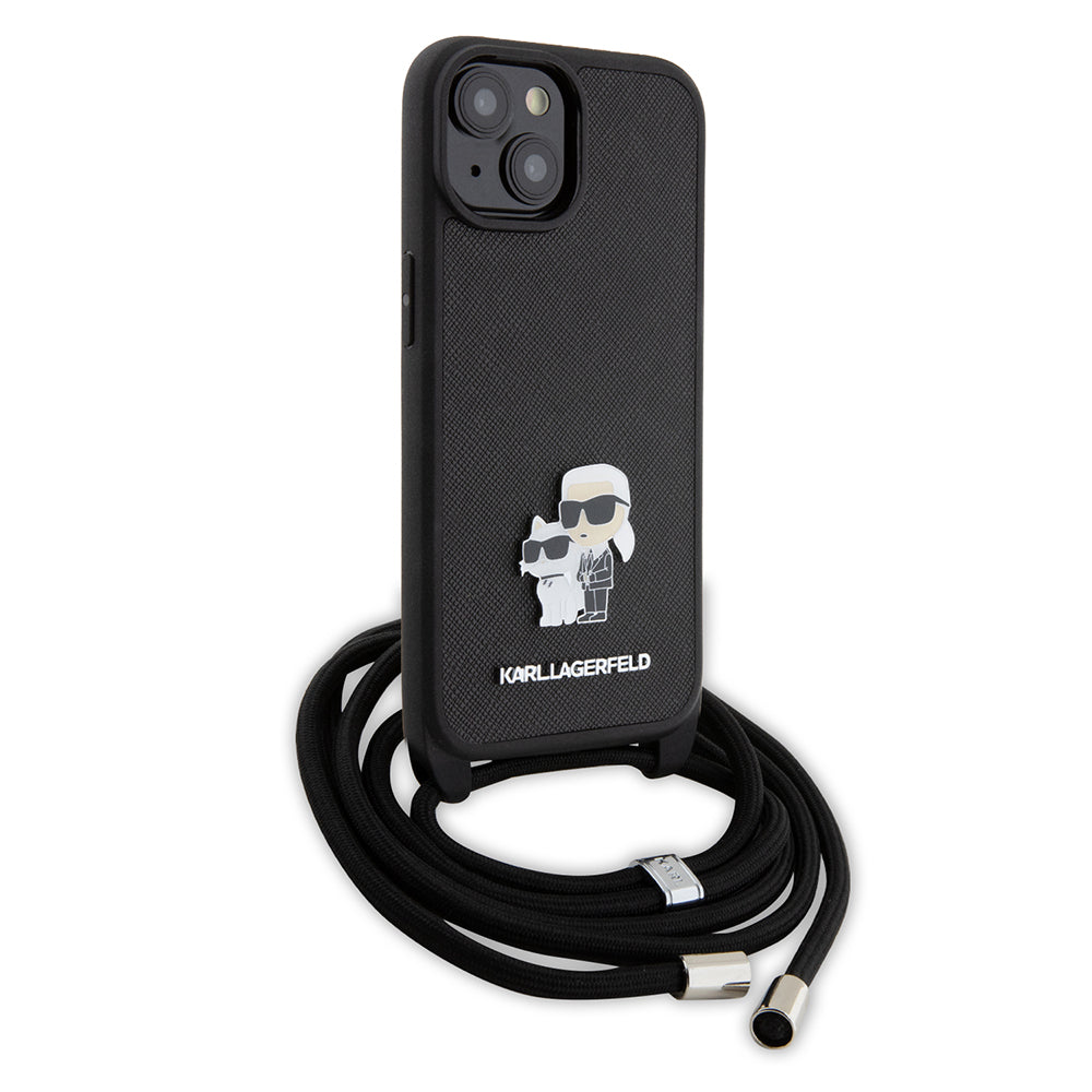 Custodia per Apple iPhone 15, Karl Lagerfeld, Saffiano Crossbody Metal Pin Karl & Choupette, Nera