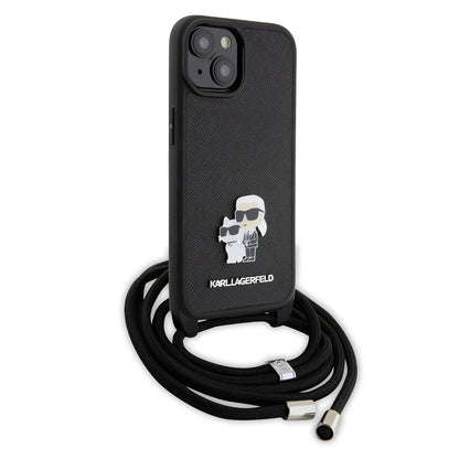 Custodia per Apple iPhone 15, Karl Lagerfeld, Saffiano Crossbody Metal Pin Karl & Choupette, Nera