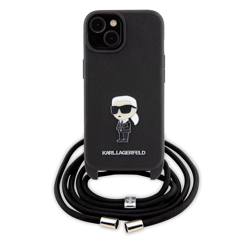 Custodia per Apple iPhone 15, Karl Lagerfeld, Saffiano Crossbody Monogram Metal Pin Karl, Nera