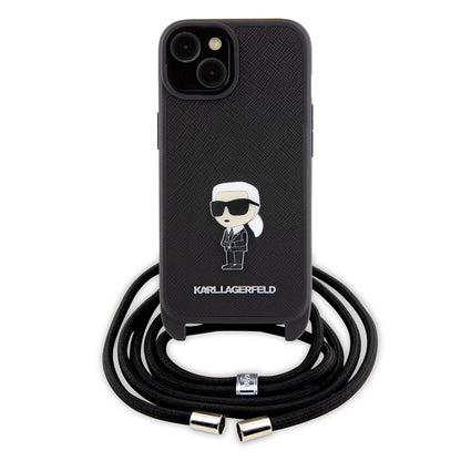 Custodia per Apple iPhone 15, Karl Lagerfeld, Saffiano Crossbody Monogram Metal Pin Karl, Nera