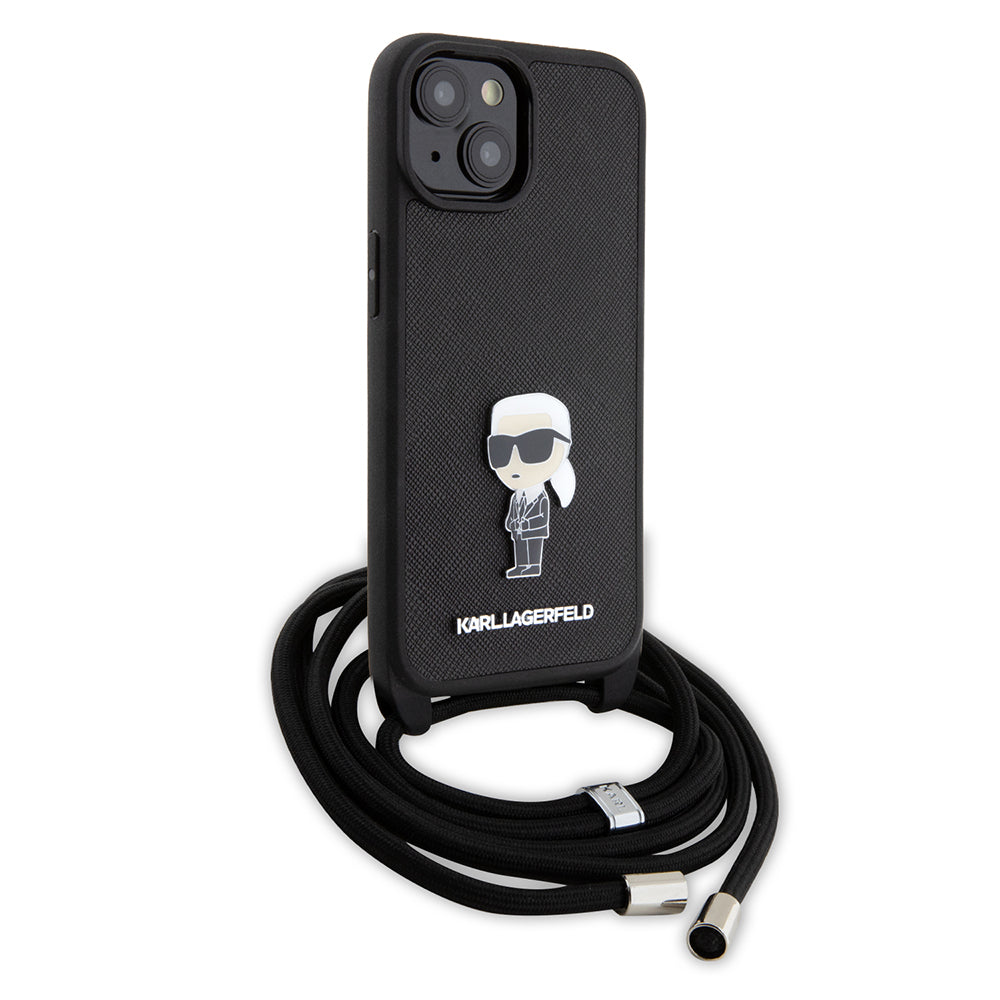 Custodia per Apple iPhone 15, Karl Lagerfeld, Saffiano Crossbody Monogram Metal Pin Karl, Nera