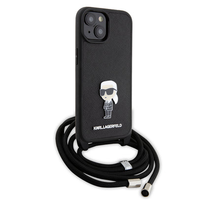 Custodia per Apple iPhone 15, Karl Lagerfeld, Saffiano Crossbody Monogram Metal Pin Karl, Nera