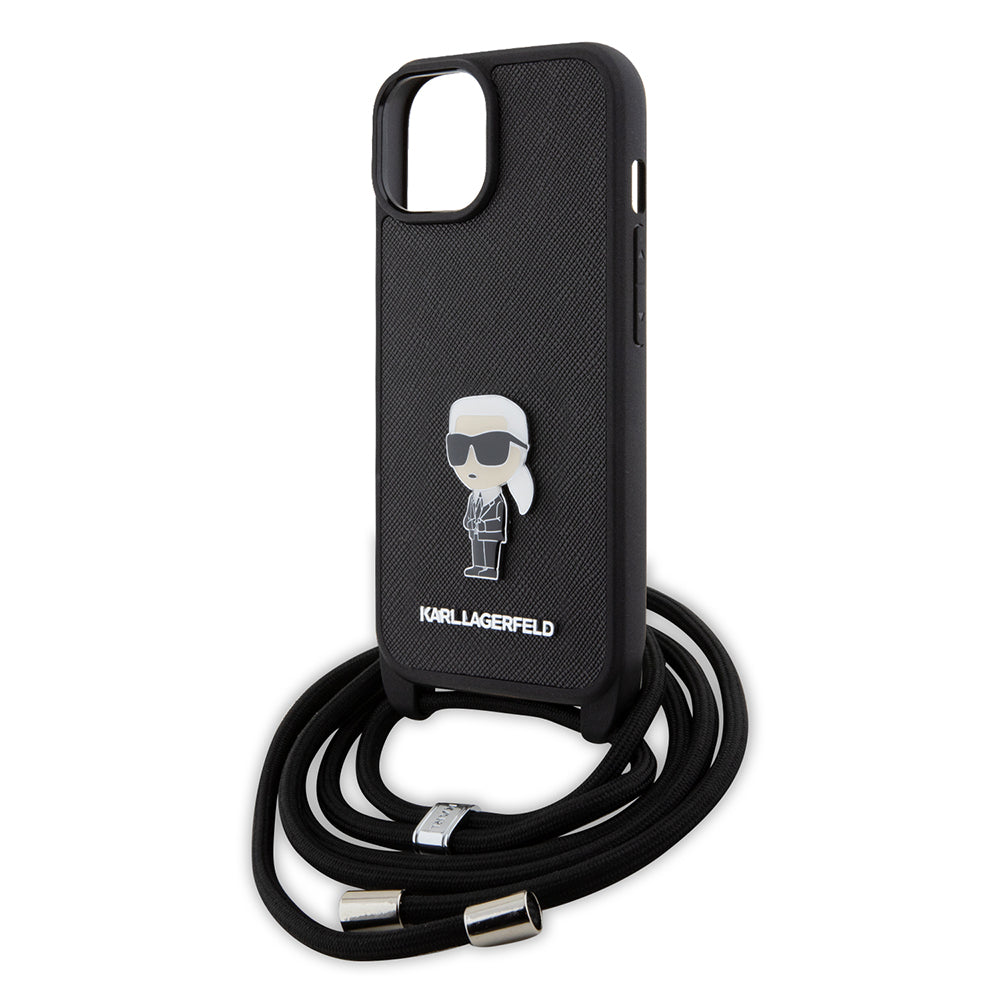 Custodia per Apple iPhone 15, Karl Lagerfeld, Saffiano Crossbody Monogram Metal Pin Karl, Nera