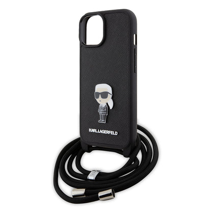Custodia per Apple iPhone 15, Karl Lagerfeld, Saffiano Crossbody Monogram Metal Pin Karl, Nera