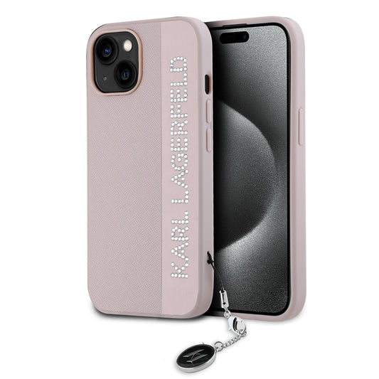 Custodia per Apple iPhone 15, Karl Lagerfeld, Saffiano Rhinestones & Charm, Rosa