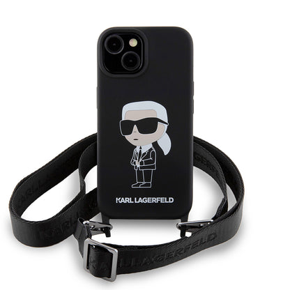 Custodia per Apple iPhone 15, Karl Lagerfeld, Silicone Crossbody Ikonik Karl, Nera