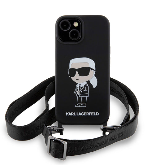 Custodia per Apple iPhone 15, Karl Lagerfeld, Silicone Crossbody Ikonik Karl, Nera