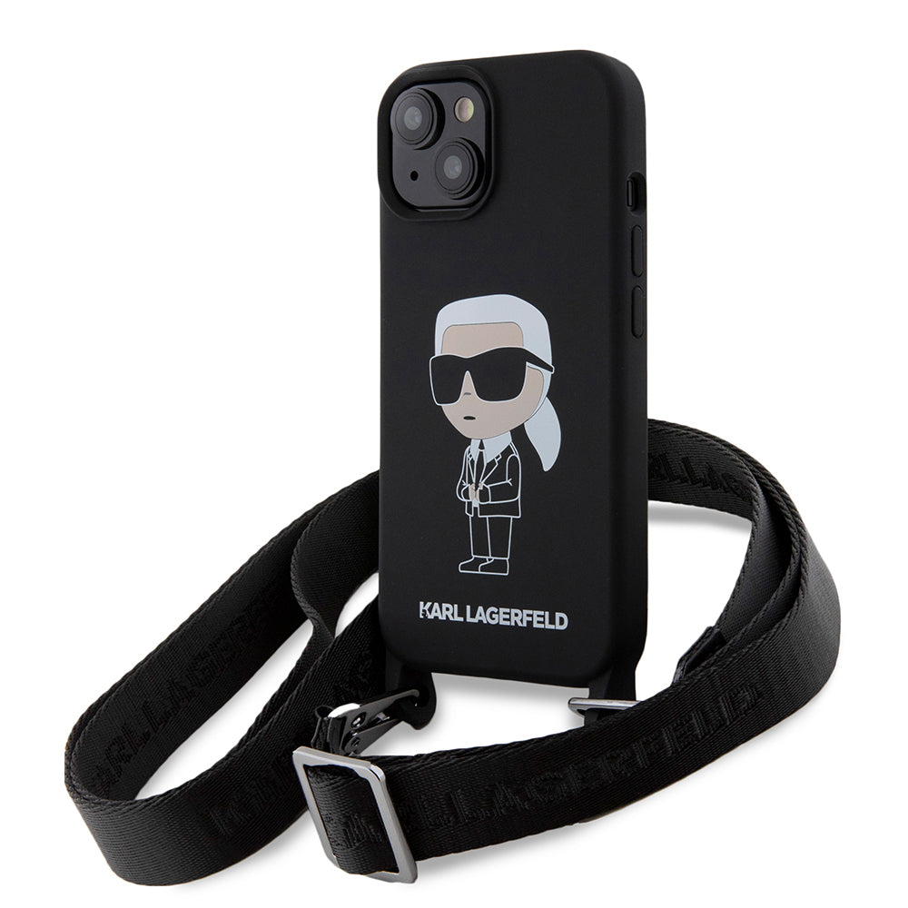 Custodia per Apple iPhone 15, Karl Lagerfeld, Silicone Crossbody Ikonik Karl, Nera
