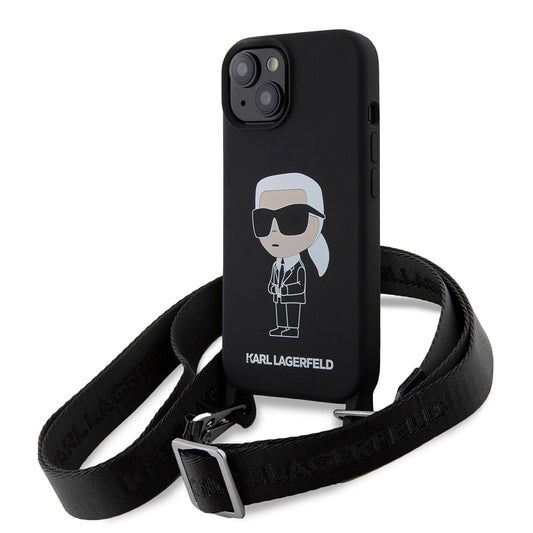 Custodia per Apple iPhone 15, Karl Lagerfeld, Silicone Crossbody Ikonik Karl, Nera