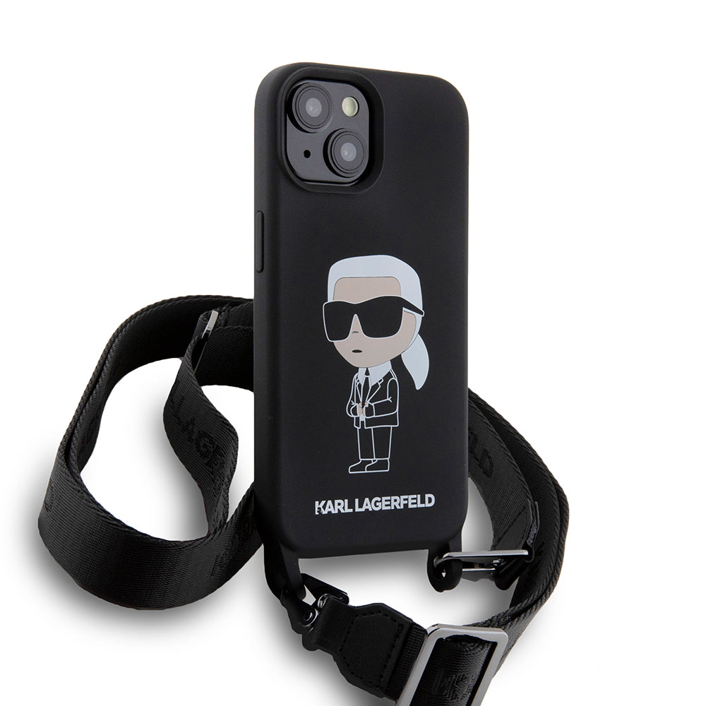 Custodia per Apple iPhone 15, Karl Lagerfeld, Silicone Crossbody Ikonik Karl, Nera