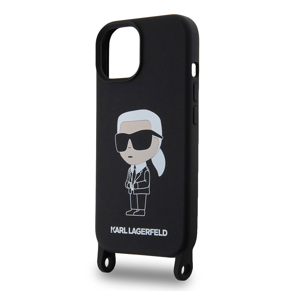 Custodia per Apple iPhone 15, Karl Lagerfeld, Silicone Crossbody Ikonik Karl, Nera