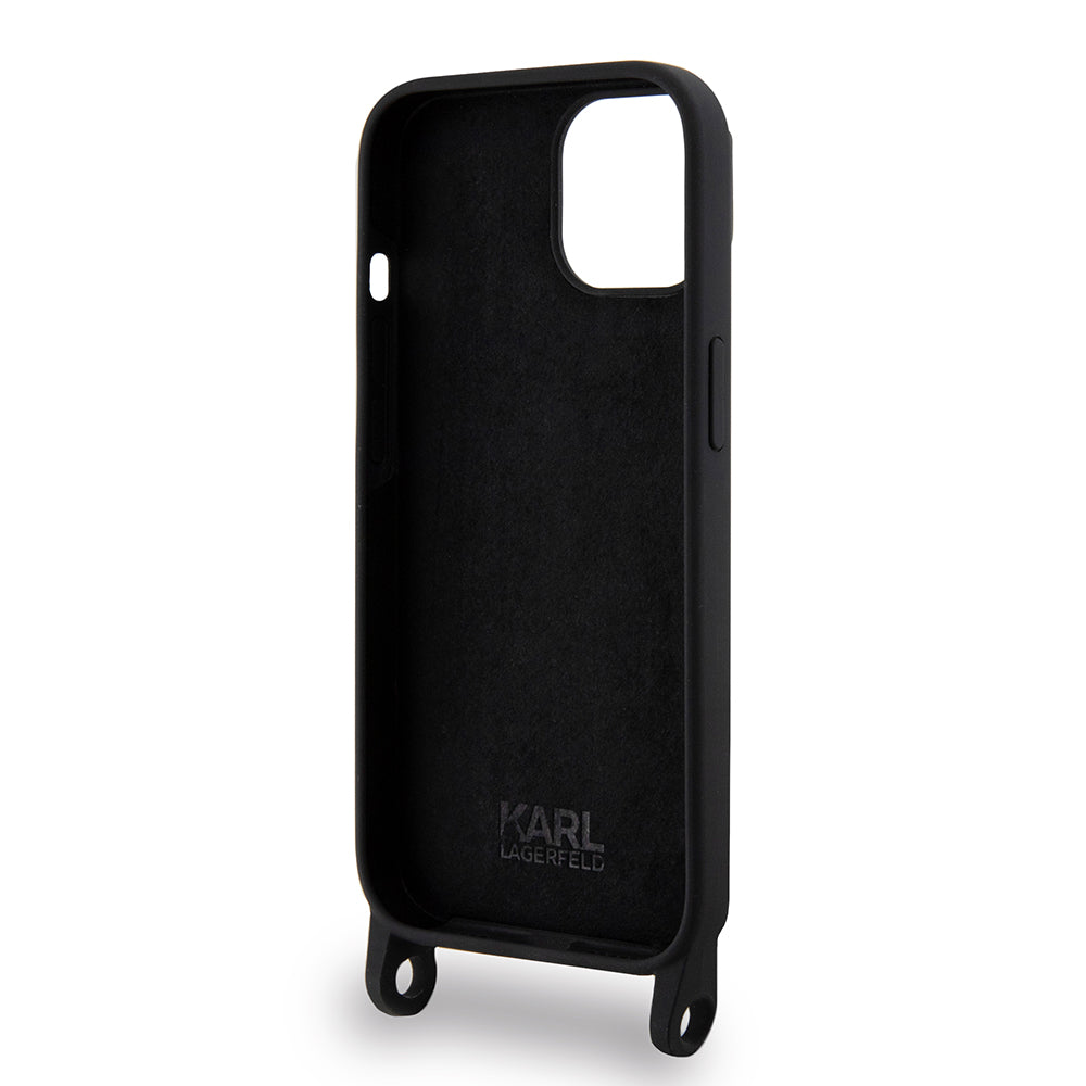 Custodia per Apple iPhone 15, Karl Lagerfeld, Silicone Crossbody Ikonik Karl, Nera