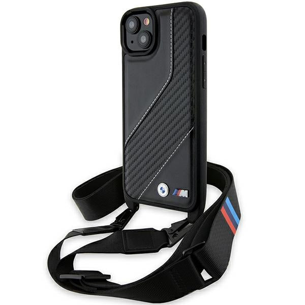 Custodia per Apple iPhone 15 Plus, BMW, M Edition Carbon Stripe & Strap, Nera
