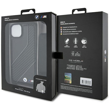 Custodia per Apple iPhone 15 Plus, BMW, M Edition Carbon Stripe & Strap, Nera