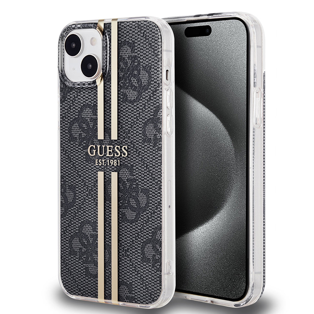 Custodia per Apple iPhone 15 Plus, Guess, IML 4G Gold Stripe, Nera