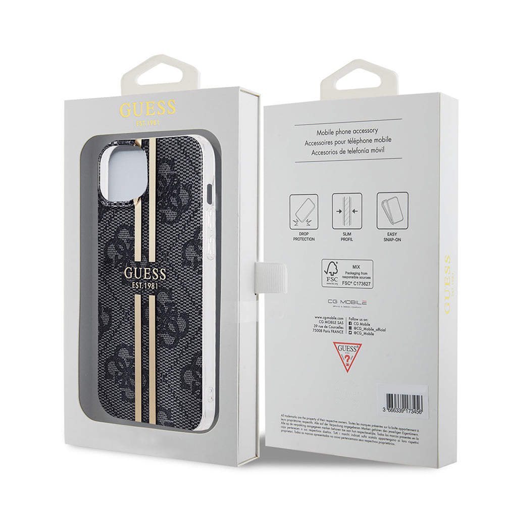 Custodia per Apple iPhone 15 Plus, Guess, IML 4G Gold Stripe, Nera