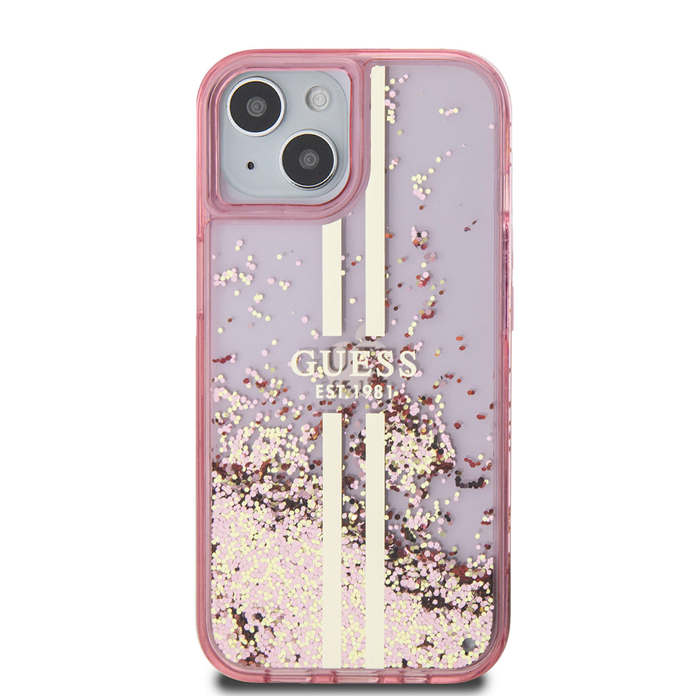 Custodia per Apple iPhone 15 Plus, Guess, Liquid Glitter Gold Stripes, Rosa