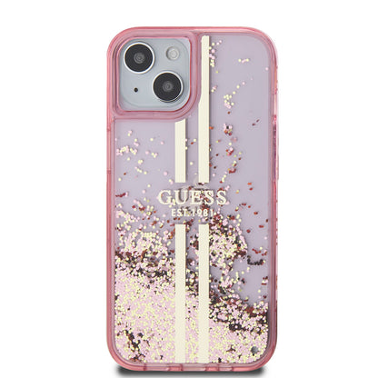 Custodia per Apple iPhone 15 Plus, Guess, Liquid Glitter Gold Stripes, Rosa