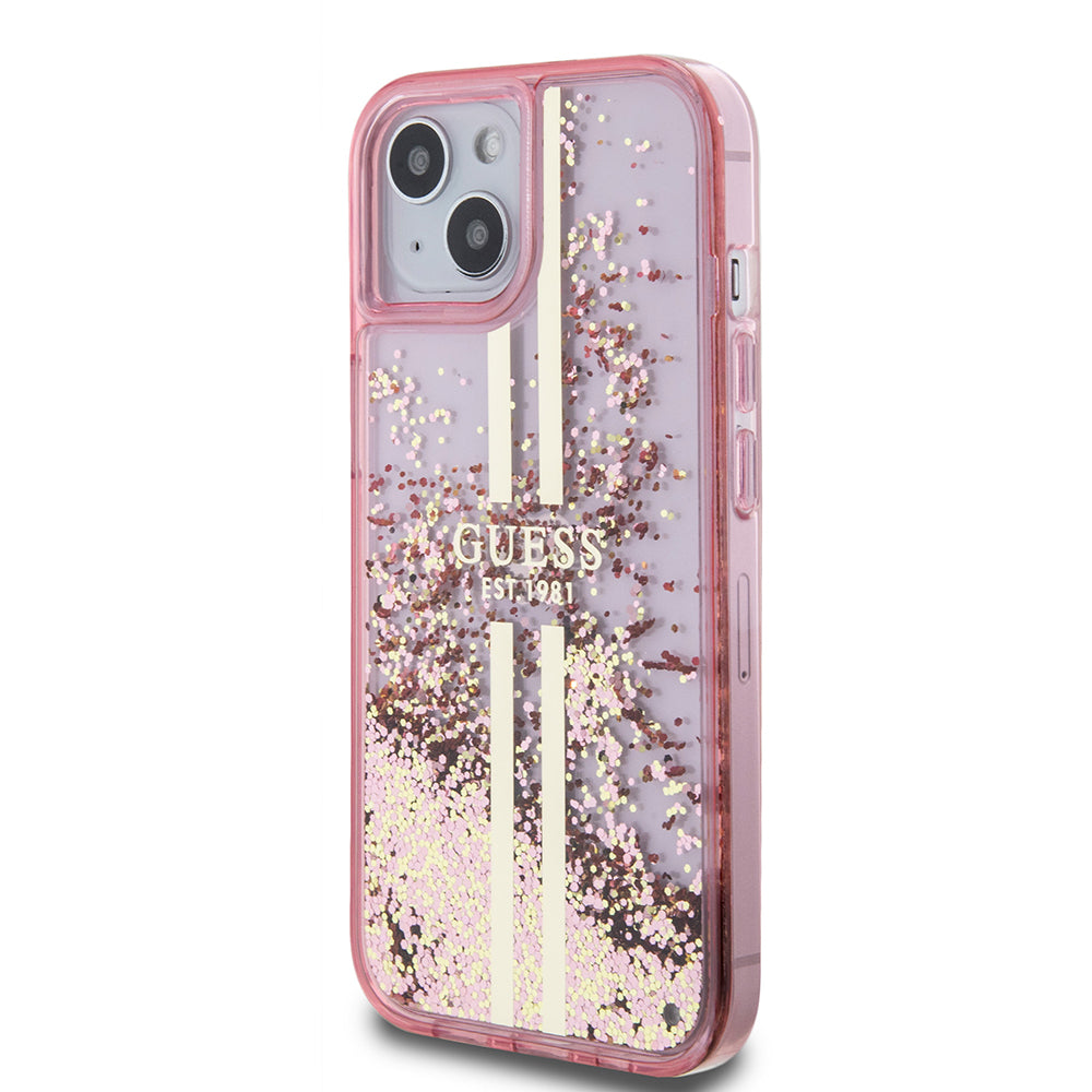 Custodia per Apple iPhone 15 Plus, Guess, Liquid Glitter Gold Stripes, Rosa