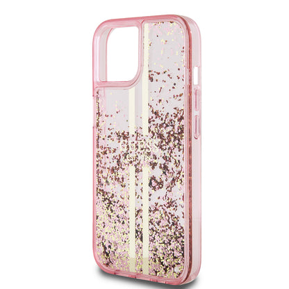 Custodia per Apple iPhone 15 Plus, Guess, Liquid Glitter Gold Stripes, Rosa