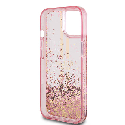 Custodia per Apple iPhone 15 Plus, Guess, Liquid Glitter Gold Stripes, Rosa
