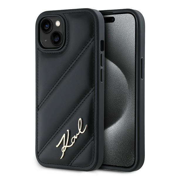 Custodia per Apple iPhone 15 Plus, Karl Lagerfeld, Diagonal Quilted Script, Nera