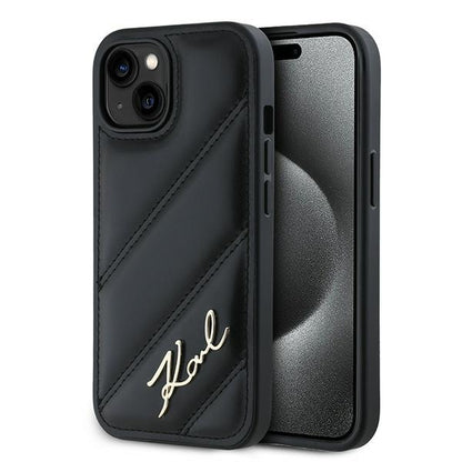 Custodia per Apple iPhone 15 Plus, Karl Lagerfeld, Diagonal Quilted Script, Nera
