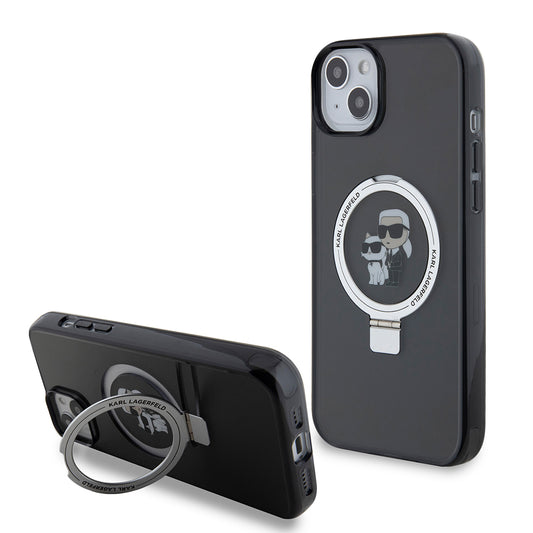 Custodia per Apple iPhone 15 Plus, Karl Lagerfeld, Ringstand Karl & Choupette, Nera