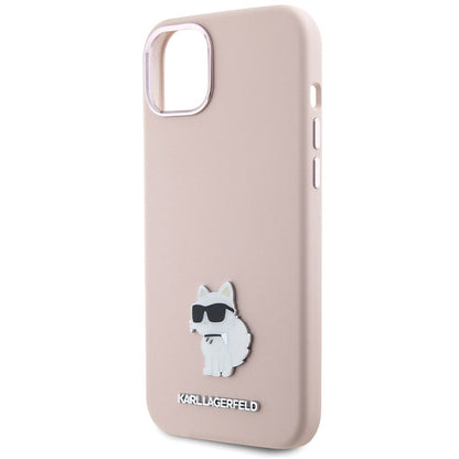 Custodia per Apple iPhone 15 Plus, Karl Lagerfeld, Silicone Choupette Metal, Rosa