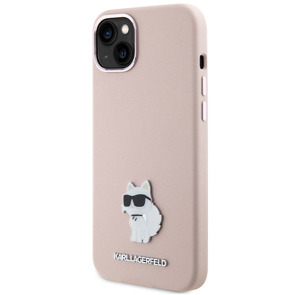 Custodia per Apple iPhone 15 Plus, Karl Lagerfeld, Silicone Choupette Metal, Rosa