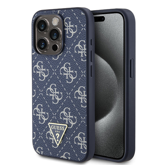 Custodia per Apple iPhone 15 Pro, Guess, 4G Triangle Logo, Blu